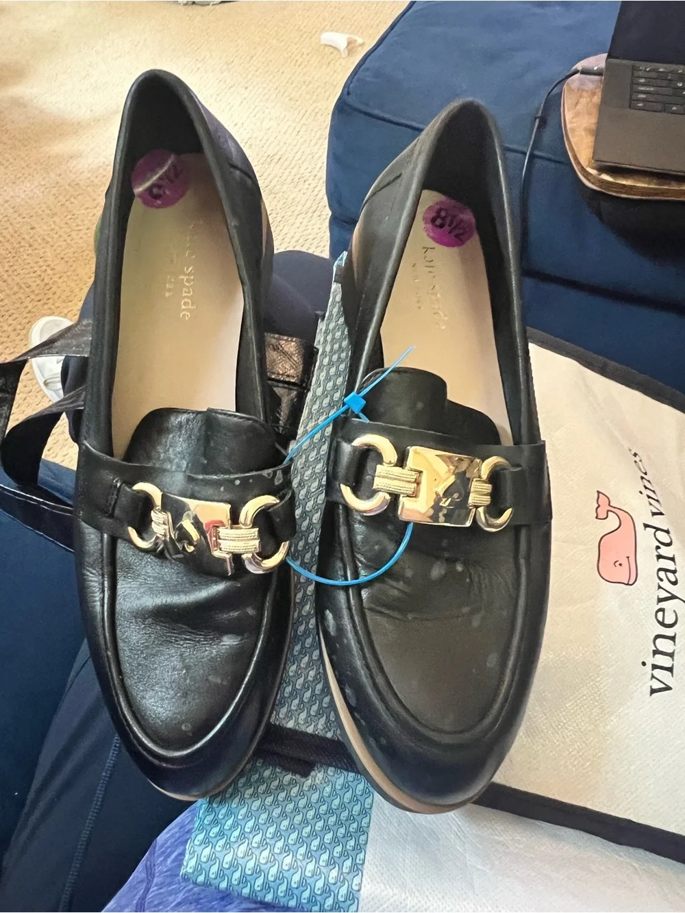 kate spade Kolby Black Leather Loafer with Gold Chain Accent 8.5